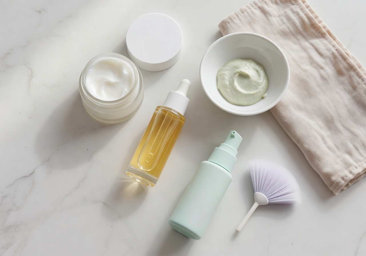 Aesthetic skincare flatlay beauty routine