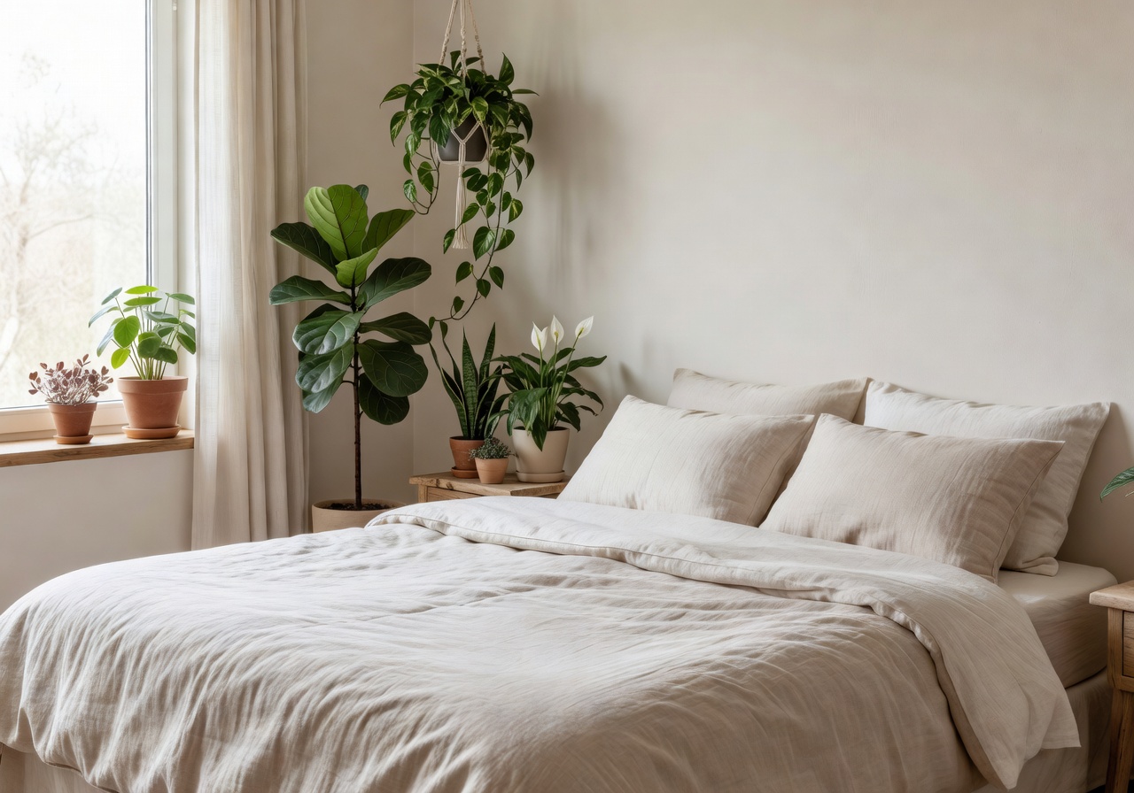 Bedroom aesthetic with neutral bedding and plants