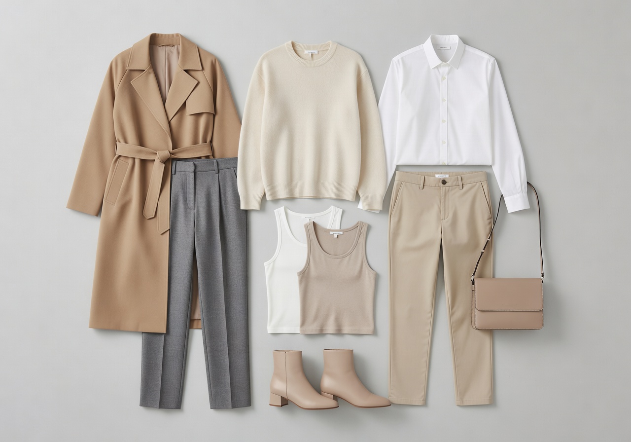 Capsule wardrobe neutral clothing flatlay essentials