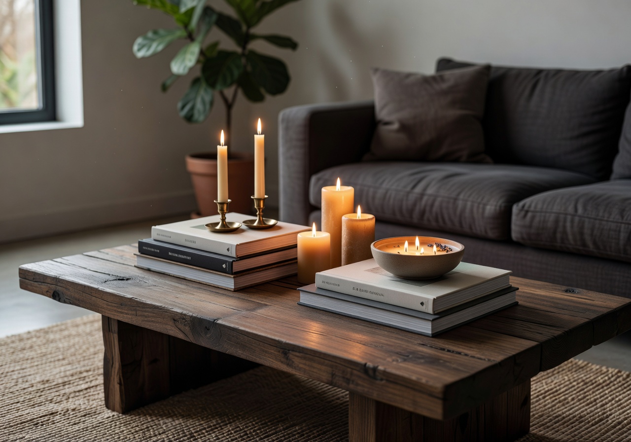 Coffee table styling with books and candles