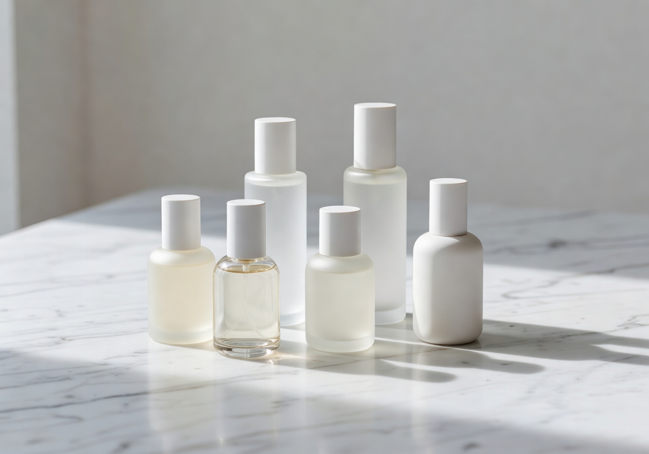 Minimal beauty bottles on marble surface
