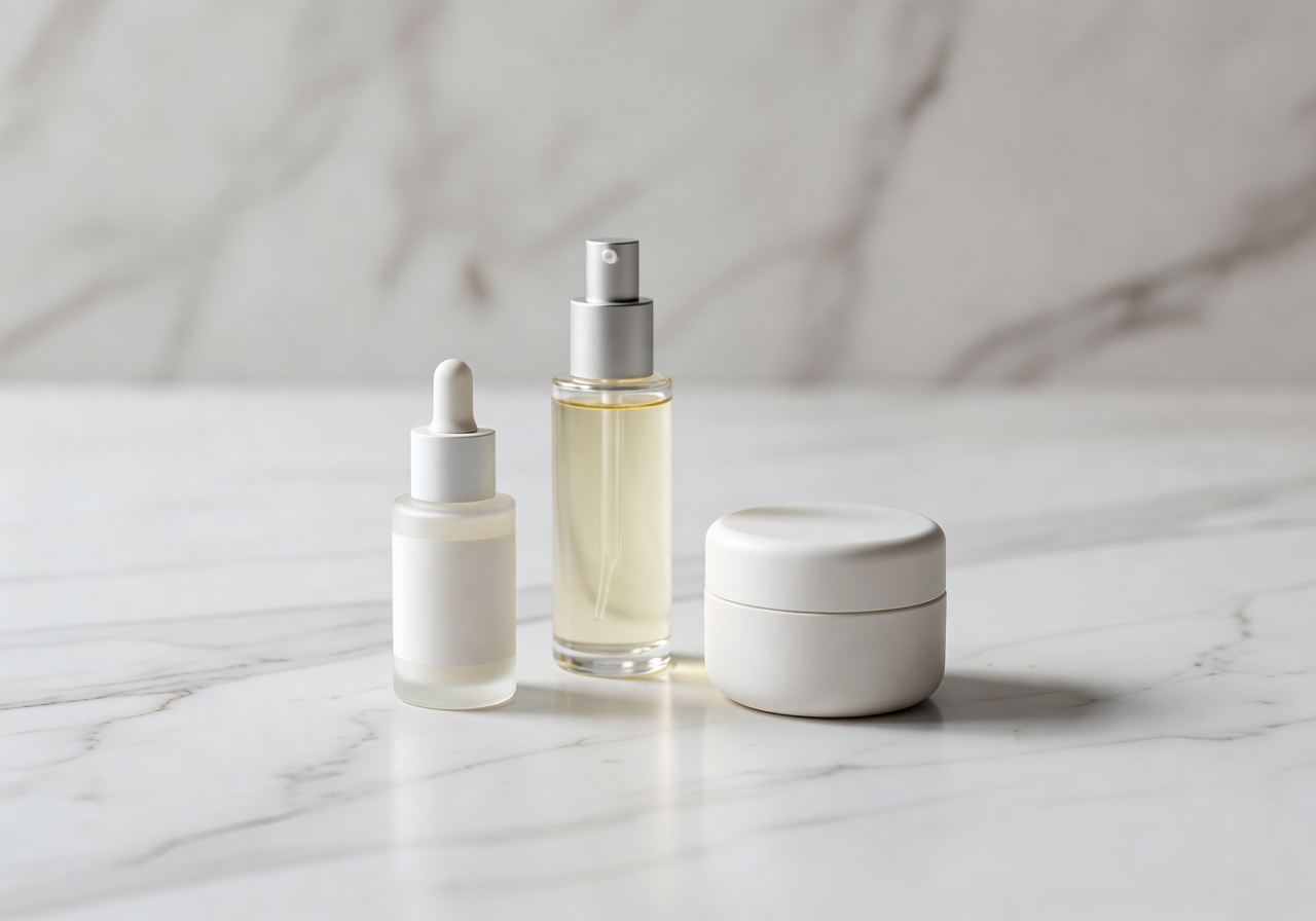 Minimal beauty bottles on marble