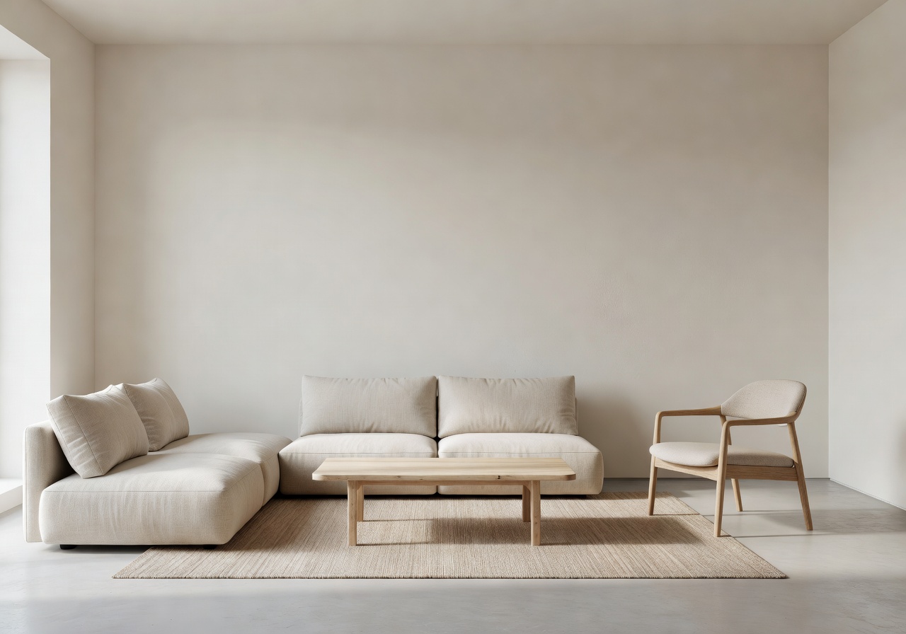 Minimalist neutral living room with natural light