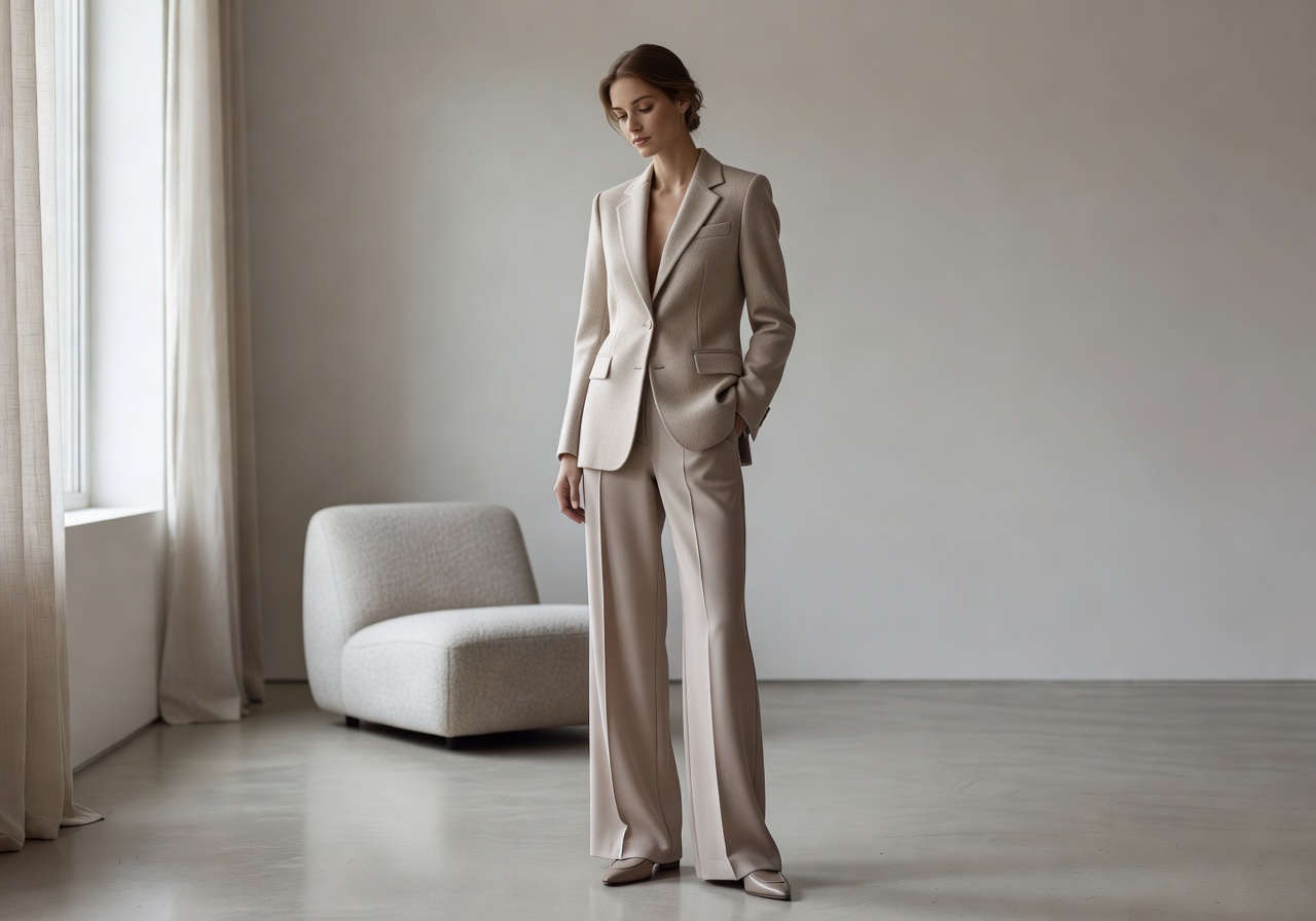 Quiet luxury neutral outfit fashion editorial
