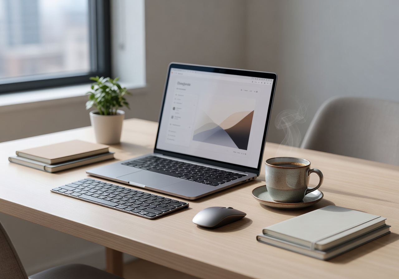 Workspace setup with laptop and coffee
